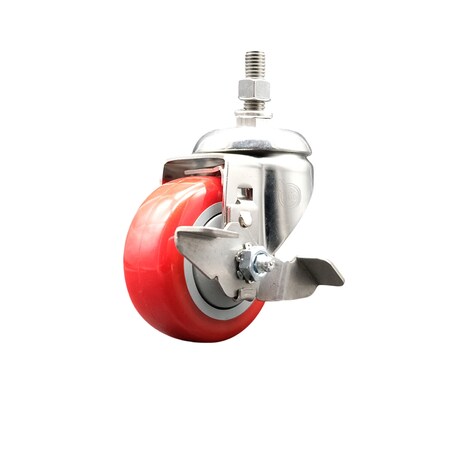 3 Inch 316SS Red Polyurethane Swivel 3/8 Inch Threaded Stem Caster With Brake